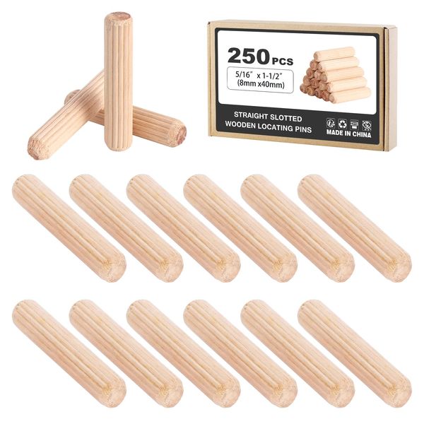 Mynoozi 250 Pcs Wooden Dowel Pins, Grooved Wooden Dowel, Fluted Dowel Pins, 8mm Dowels Wooden, Wood Dowel Pins, Grooved Dowels for Furniture Woodwork Craft DIY (8x40mm)