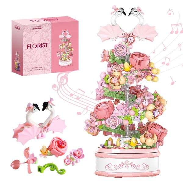 Flowers Music Box Building Block Kit with Light-713PCS Decoration Rotating Music Box Building Set,Botanical Collection Mother's Day, Valentine and Birthday Gifts for Girls Boys Adults Kids Ages 6+