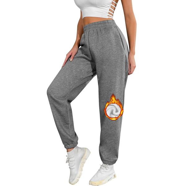 UMIPUBO Jogginghose Damen Baumwolle Lang, Warme Sweatpants Fleece Freizeithose Jogger Hose High Waist mit Taschen, Basic Modische Laufhosen (Dunkelgrau, S)