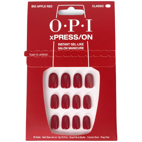 OPI xPRESS/ON Press On Nails, Up to 14 Days of Wear, Gel-Like Salon Manicure, Vegan, Sustainable Packaging, With Nail Glue, Short and Long Iconic Shades, Big Apple Red Red Nail Polish