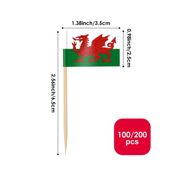 AhfuLife 100/200pcs Wales Toothpick Flags Cake Toppers, Welsh Cocktail Stick Flag for Sandwich Food Cupcake Toppers Tableware World Cup Party Supplies Pub Royal Event Decor (100 Pcs)