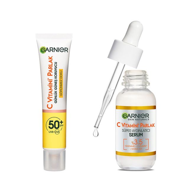 Garnier C Vitamini Günlük Uv Korumalı Güneş Yüz Kremi Spf50 Görünmez Doku 40ml & C Vitamini Parlak Süper Aydınlatıcı Serum (30 ml) Cilt Bakım Seti