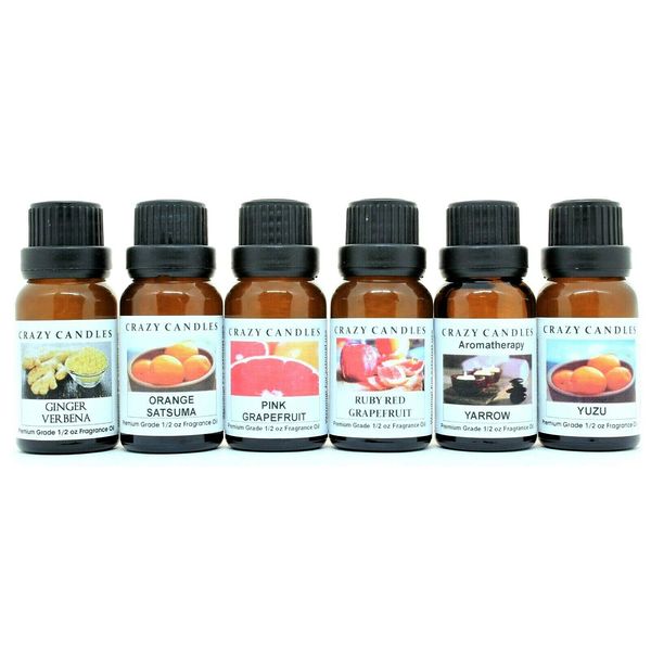 Crazy Candles 6 Bottles Set, 1 Ginger Verbena, 1 Orange Satsuma, 1 Pink Grapefruit, 1 Ruby Red Grapefruit, 1 Yarrow, 1 Yuzu 1/2 Fl Oz Each (15ml) Premium Fragrance Oils