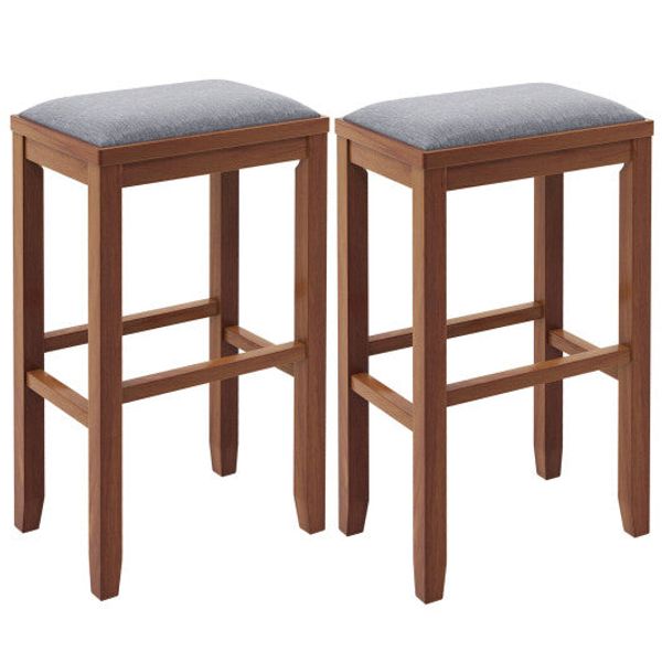 2 Pieces 31 Inch Upholstered Bar Stool Set with Solid Rubber Wood Frame and Footres-Brown