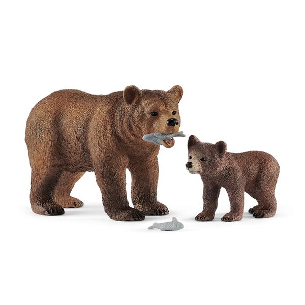 Schleich Wild Life Realistic Grizzly Bear Mother, Cub, and Fish - 4-Piece Animal Toy Playset, Durable and Educational Figurines for Fun Adventures for Boys and Girls, Gift for Kids Ages 3-8