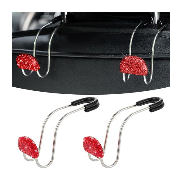 JNNJ 2 Pieces Bling Car Headrest Hook, Bling Backseat Organizer Hanger for Purse Clothes Grocery Bag, Rhinestones Auto Headrest Storage Holder, Car Seat Accessories for Most Vehicle(Red)