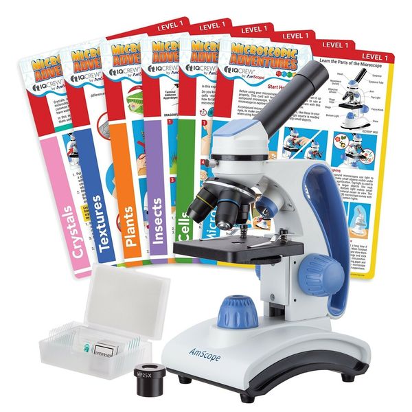 AmScope 40X-1000X Student Microscope Kit + 10-piece Slide Set + Experiment Cards