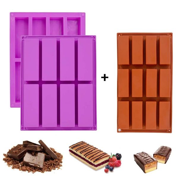 Large Rectangle Granola Bar Silicone Moulds, 2 Pack 8 Cavity + 1 Pack 12 Cavity Nutrition Cereal Bar Moulds, Energy Bar Maker for Baking Bread Brownie Cheesecake Butter Soap Mold - Purple, Maroon