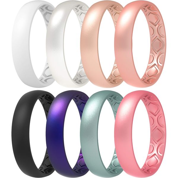 ThunderFit Women Breathable Air Grooves Silicone Wedding Ring Wedding Bands Anniversary Rings 4mm - 8 Rings Combination B (6.5 - 7 (17.3mm))