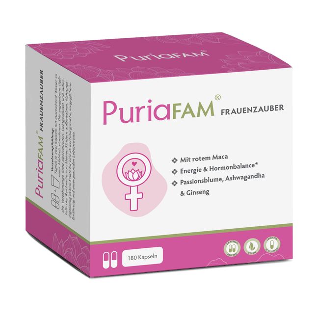 PuriaFAM® Frauenzauber, rotes Maca, 180 Kapseln, Ashwagandha, vegan - Hergestellt in DE - Hormon Balance Frauen