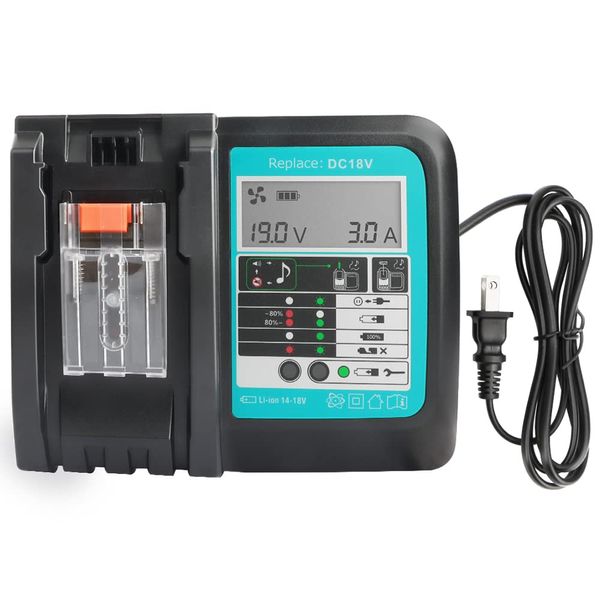 Waitley DC 18 V Charger, Makita 14.4 V / 18 V Compatible Charger, Includes LCD Panel, Clear, Safe Cooling Fan, Charging Completed Melody, Compatible with 1830 Series 1430 Series Lithium Ion Batteries,