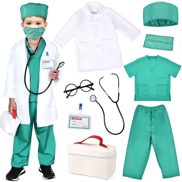 Toylink Kids Doctor Costume Pretend Play Kit with Lab Coat Carrying Bag Accessories Halloween Doctor Dress up for Boys Girls