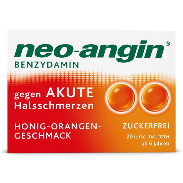 neo-angin Benzydamine for acute sore throat with honey orange flavour, for painful sore throat, for adults and school children from 6 years, sugar-free, pack of 20