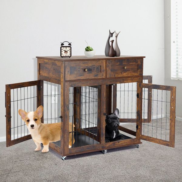 Wooden Dog Crate Furniture Double Rooms Dog Kennel House w/ Removable Feed Tray