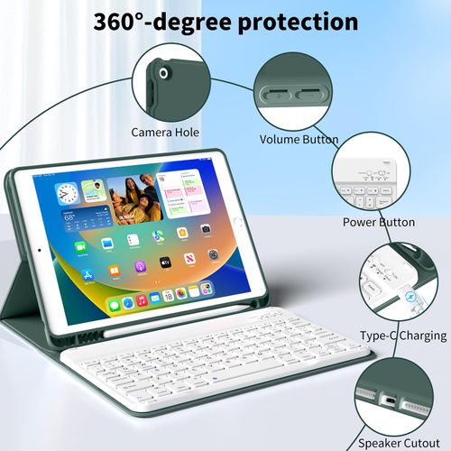 Keyboard Case for iPad 9th/8th/7th Generation 10.2 Inch 2021/2020/2019, Soft TPU Back Stand Cover Smart Case with Pencil Holder, Magnetically Detachable Wireless Bluetooth Keyboard, Dark Green