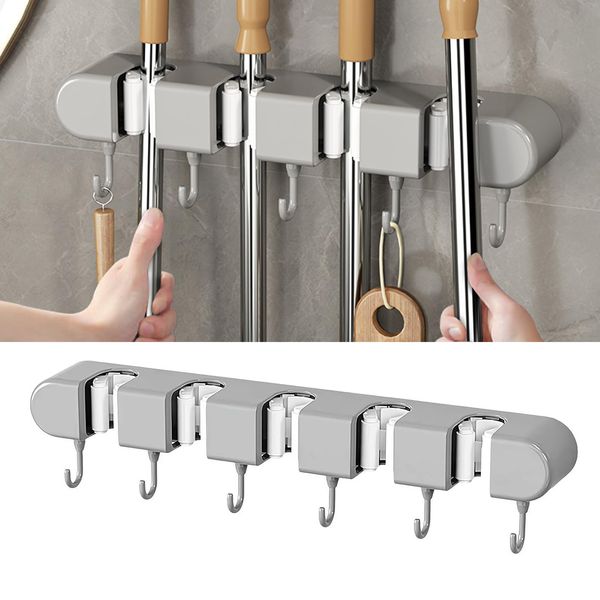 PacuM Grau Besenhalterung Wand Besenhalter & Gerätehalter Wand mit 5 Halterungen & 6 Haken Selbstklebend Gerätehalter Garage Werkzeughalter Wand Gerätehalter Wandhalterung，für Küchen, Bäder, Gärten