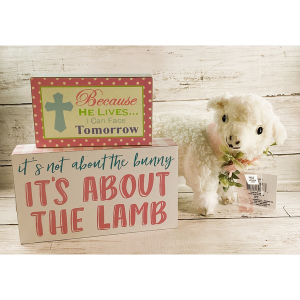 Easter Decor - Plush Lamb About the Lamb He Lives Sign 3pc BUNDLE