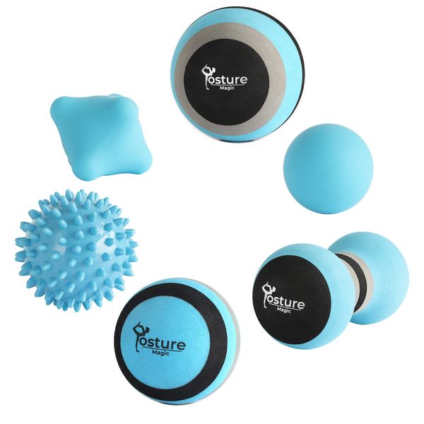 Posture Magic Massage Ball Set for Myofascial Trigger Point Release & Deep Tissue Massage - Set of 6 - Large Foam/Small Foam/Lacrosse/Peanut/Spiky/Hand Exercise Ball (Blue)