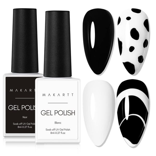 Makartt Black White Nail Gel Polish Kit, 2 Pcs Black White Colors Gel Polish Noir & Blanc Set Soak Off LED Nail Gel Polish Nail Art Manicure Salon DIY at Home