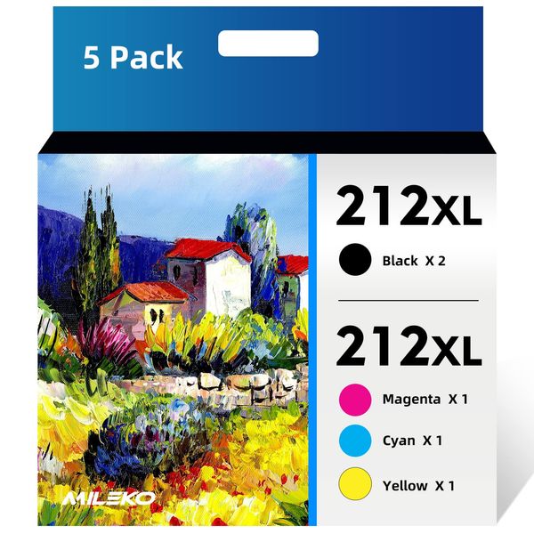 MILEKO Remanufactured Ink Cartridge Replacement for Epson 212XL (Black (2 Nos), Cyan, Magenta and Yellow, 5-Pack)