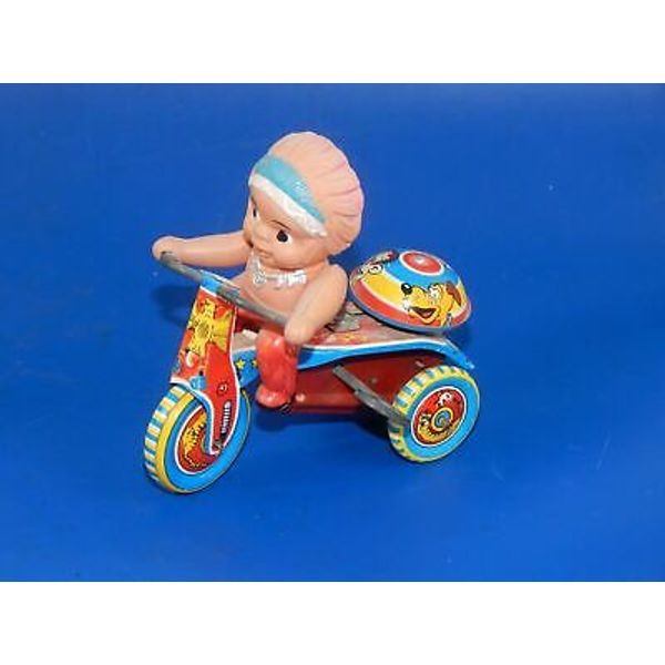 1960's VINTAGE TIN WIND UP TOY BABY INDIAN ON BICYCLE TRICYCLE+BELL JAPAN L=4"