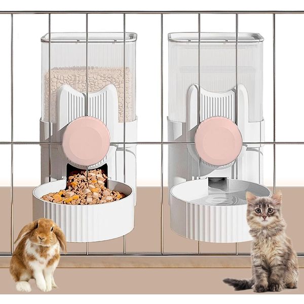 kathson Rabbit Gravity Auto Feeder Set 35oz Hanging Automatic Food Water Dispenser Cage Automatic Feeder Set for Rabbit Chinchilla Guinea Pig Hedgehog Ferret Kitty Puppy (Pink)