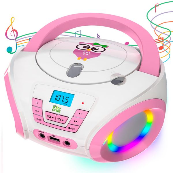 TinyGeeks Tunes Kids Boombox CD Player for Kids New 2024 + FM Radio + Batteries Included + Cute Pink Radio cd Player with Speakers for Kids and Toddlers