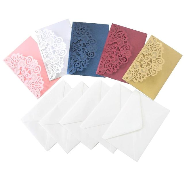 C-POSH Message Cards, Birthday Invitation Cards, Lace Cut, Blank Cards, Envelopes, Photo Storage, Set of 5 (5 Color Set/3 White Cards)