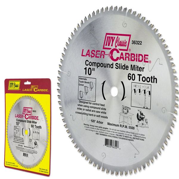 IVY Classic 36322 Laser Carbide 10-Inch 60 Tooth Compound Slide Miter Circular Saw Blade with 5/8-Inch Arbor, 1/Card