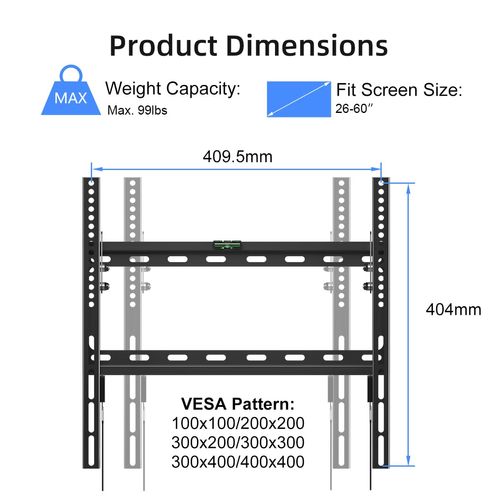 Suptek Tilt TV Wall Mount for Most 26-60 inch LED, LCD and Plasma TV, Max 400x400mm VESA and 99lbs Load Capacity, Fits Studs 16" Apart, Low Profile