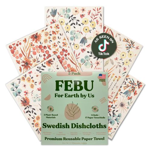 FEBU Swedish Dishcloths for Kitchen | 5 Pack Watercolor Reusable Paper Towels Washable | Swedish Dish Towels | Non-Scratch Cellulose Sponge Cloths | No Odor, Biodegradable Cleaning Cloths