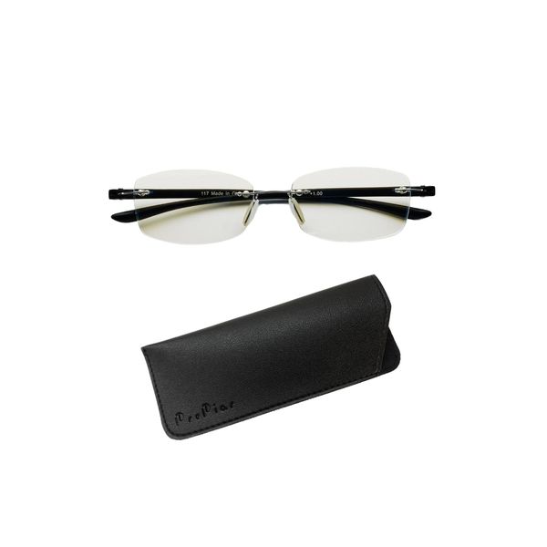 PrePier Reading Glasses, Borderless, 3.0, Blue Light Cut, Black, Men's, Square Frameless Stylish