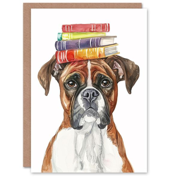 Birthday Card Boxer Dog Pet with Book Stack on Head For Girl Boy Kids