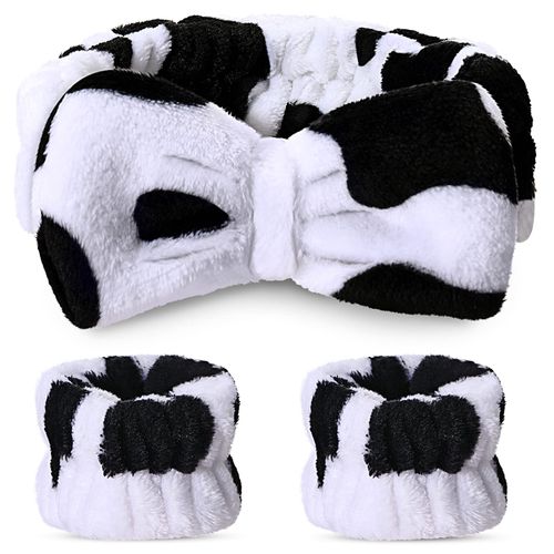Hanaive headbands for women for washing face Spa Headband and Wristbands, Makeup Headband for Washing Face, Kids Soft Facial Makeup Head Band, Shower Skin Care Girl Hair Supplies(Cow Print)