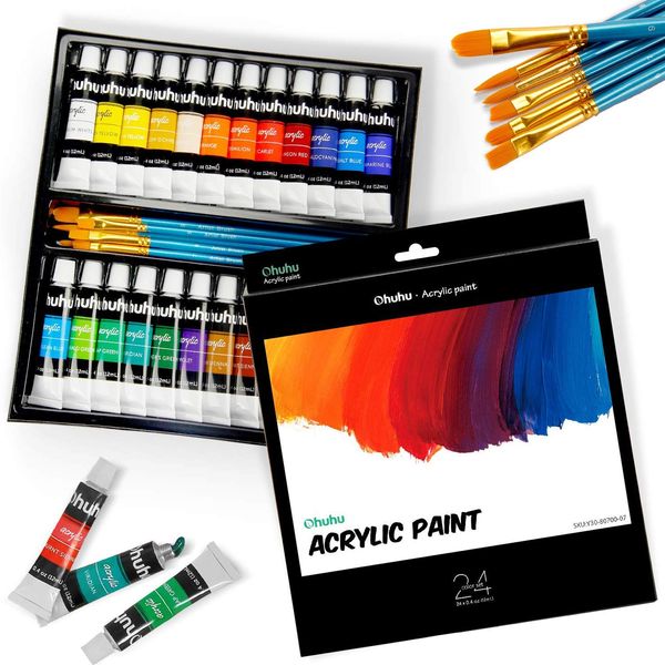 Ohuhu Acrylic Paint, 24 Colors, Tube, Learning Materials, Art Supplies, Vibrant Paint Set for Painting, Art School, Illustration, Homework