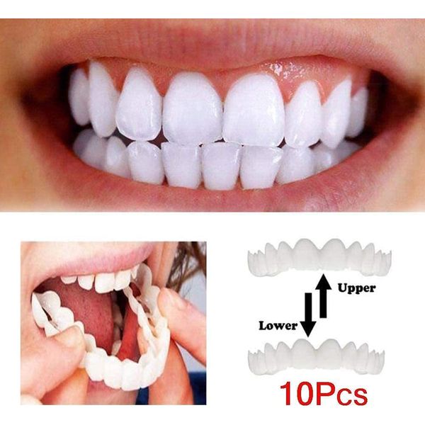 Instant Dentures Denture Beauty Dentures Cosmetic Teeth Top + Lower Teeth Instant Smile Temporary Tooth and Denture Case Missing Denture Repair Kit 10 Pieces