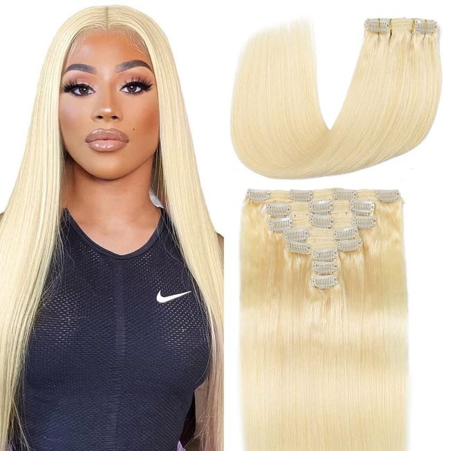 Clip in Hair Extensions Real Human Hair 8 Pieces Straight Real Remy Human Hair Full Head Human Hair Extensions Clip in Double Weft Real Remy Hair (20 Inch, 613 Bleach Blonde)