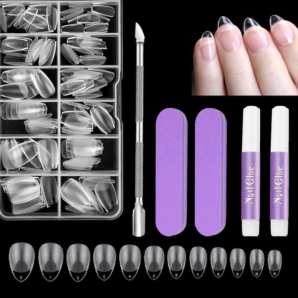 EARLMONI Extra Short Almond Nail Tips Set, 432 Pieces Full Cover Soft Gel Artificial with Glue Cuticle Pusher, 12 Sizes Prepolished Short Almond Nail Tips Set for Women Salons