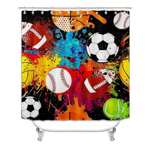 Jayden Madge 4PCS Cartoon Sports Shower Curtain Set, Colorful Graffiti Splash Paint Hip Hop Basketball Soccer Baseball Tennis Volleyball American Football Bathroom Decor, Non-slip Bath Mat, Ball Games