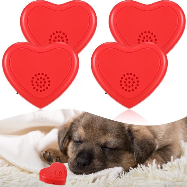 Wettarn 4 Pcs Heart Shaped Heartbeat Replacement Soother Heartbeat Simulator, Red Puppy Heartbeat for Cat Kitten Dog Anxiety Relief Sleep Aid Calming