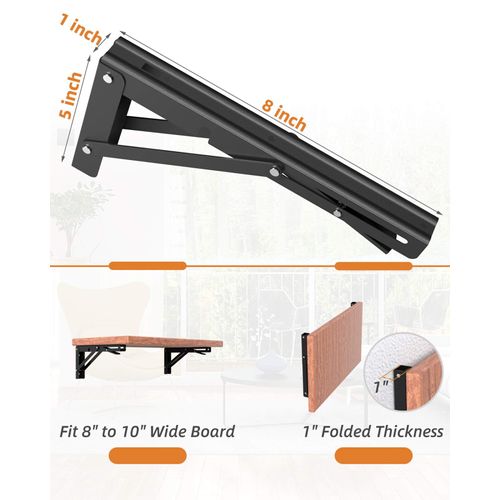 8-Inch Foldable Shelf Brackets for DIY Folding Shelves or Tables, Collapsible Heavy Duty Metal Brackets, Maximum Load 300lbs, Black, 2 Pcs