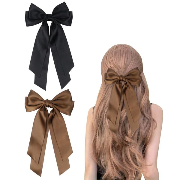 2Pcs Satin Hair Bows for Women, Black Hair Ribbons Hair Clips with Long Tail, Bow Hair Clip for Women Girls(Black, Brown)