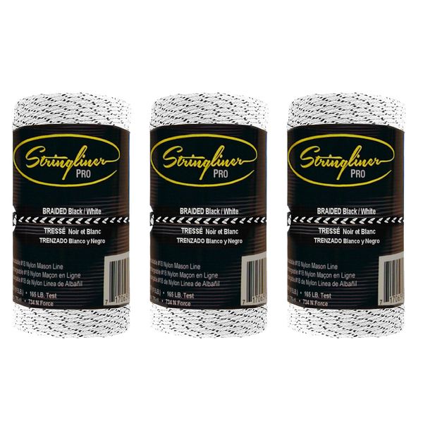 Stringliner 35090 Mason’s Line Replacement Rolls – 1/8 Lb. #18 Construction Replacement Roll Braided Black/White 125'. (3 Pack)