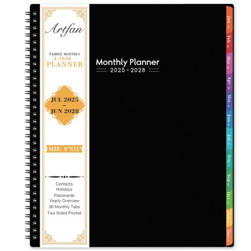 2025-2028 Monthly Planner/Calendar - 3 Year Planner 2025-2028, Jul.2025 - Jun.2028, 9" x 11", 36 Monthly Calendar with Colorful Tabs, Inner Pockets - Black