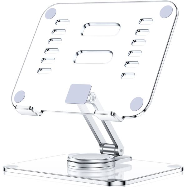 Lucrave Acrylic Tablet Stand Holder with 360 Rotating Base, Foldable Adjustable Transparent Tablet Holder for Desk Home Office, Compatible with iPad Pro Air Mini and More, Clear