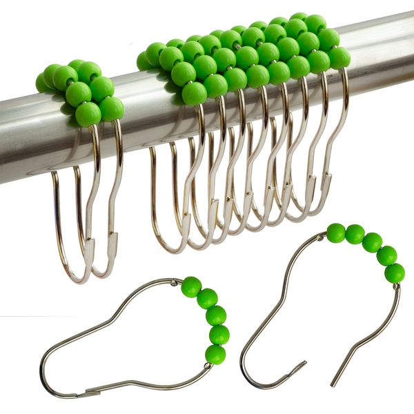 Shower Curtain Hooks Rings Stainless Steel Acrylic Roller Ball Glide Rings For Bathroom Shower Rods Decorative Rustproof(Green)