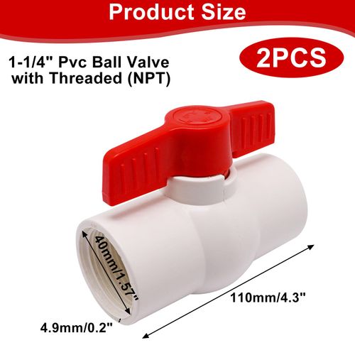 S SYDIEN 1-1/4" NPT PVC Ball Valves 2PCS, Water Shut-Off Ball Valve Threaded with T-Handle, Shut-Off PVC Socket for Water Project, Irrigation System, Rated at 150 PSI