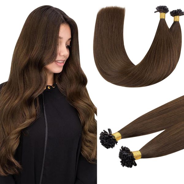 DOORES U Tip Hair Extensions Glatte Human Hair Extensions, 45cm 50g/50s, Schokoladenbraun Klebehitze EchtHuman Hair Extensions