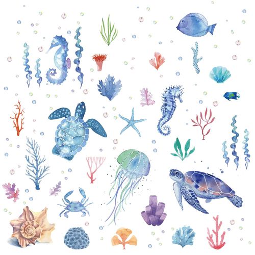 CRASPIRE Ocean Animal Decals Undersea Sea Turtle Wall Decals 8 Sheets Vinyl Stickers Seahorse Shell Decal Removable Wall Decals Watercolor for Classroom Bedroom Living Room Decorations