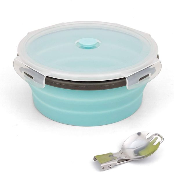 Ewrap 1200ML Round Collapsible Camping Bowl, Portable Silicone Food Storage Containers, Silicone Bowl with Lid and Foldable 2 in 1 Fork Spoon, for Camping and Kitchen, Freezer and Microwave Safe, Blue